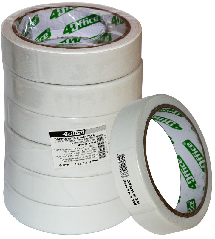 Клейка стрічка канцелярська 4OFFICE двостороння (4-396), 24мм х 2м, біла, пінна основа